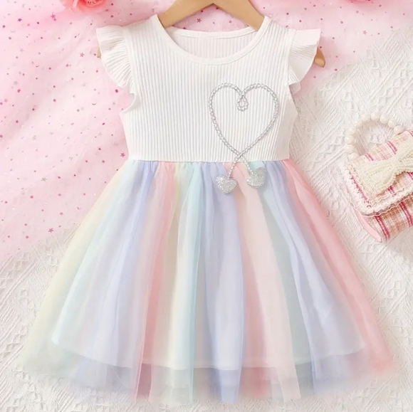 Other - Pastel Rainbow Kids Girls‎ Fly Sleeves with Heart Princess Tulle Midi Tutu Dress